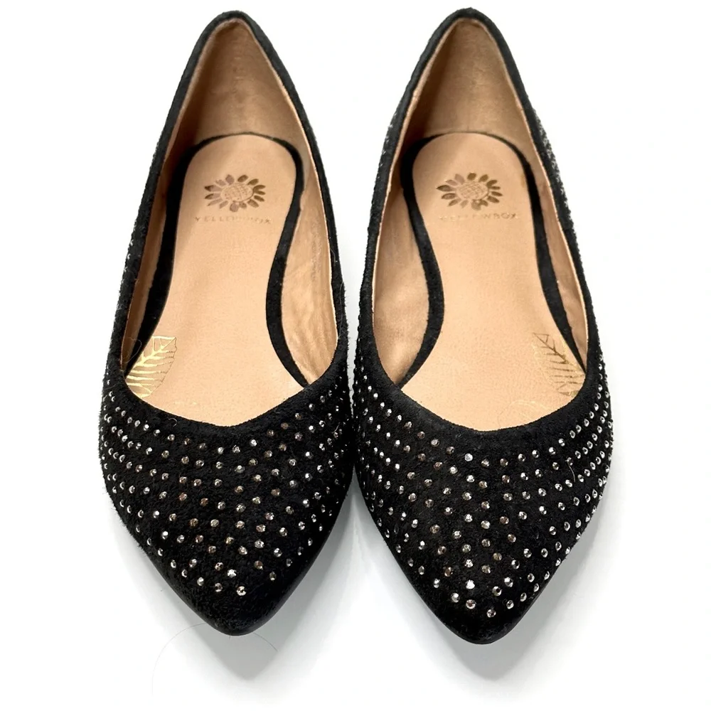YELLOWBOX Black Suede Leather Pointy Toe Flats Sparkle Studs 7